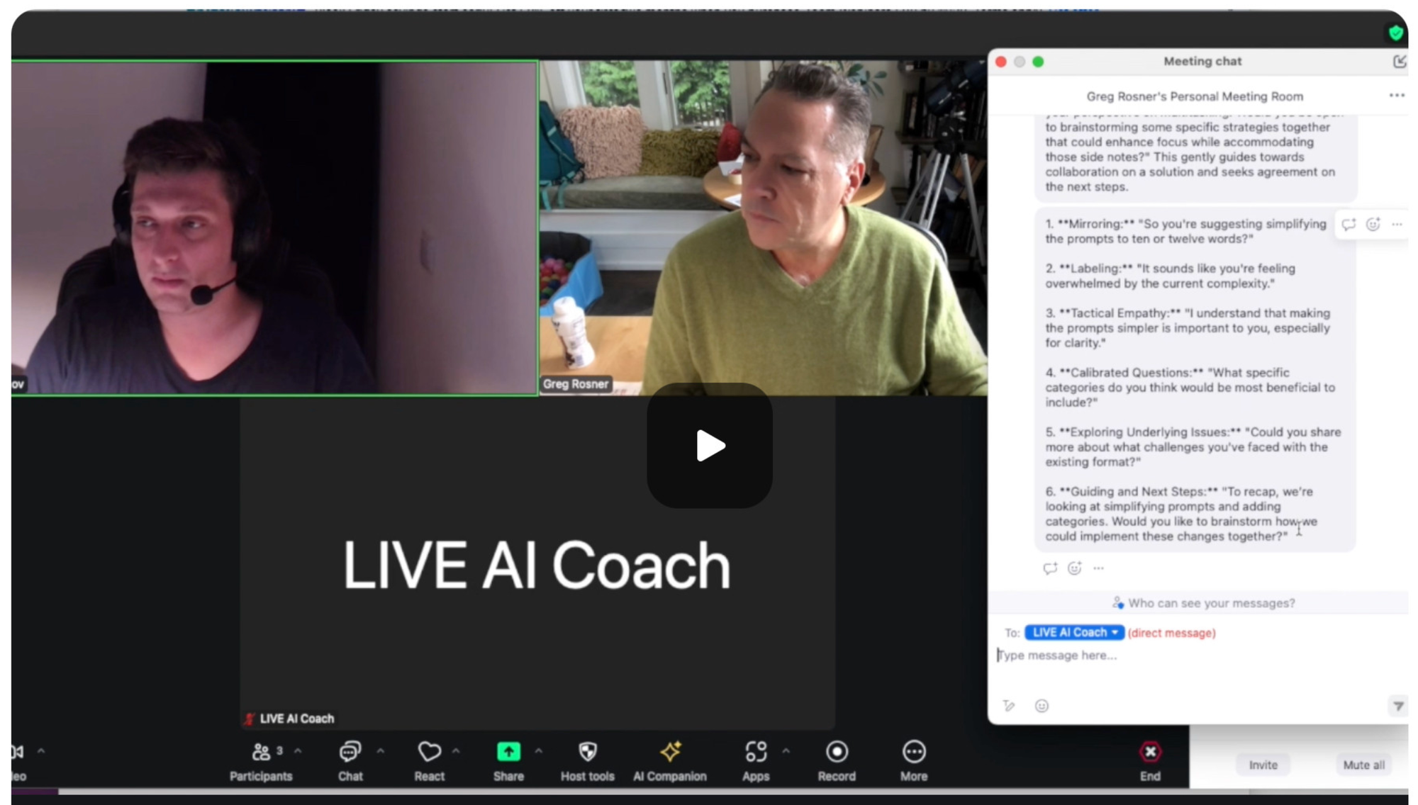 Screenshot showing a Zoom call with a Live AI Coach chat window