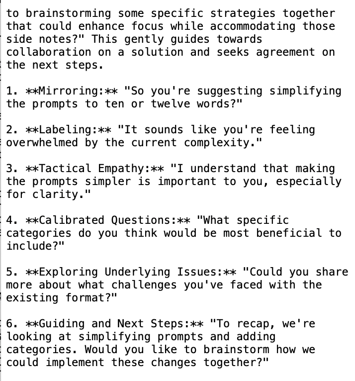 A closeup picture of the text chat from the AI bot