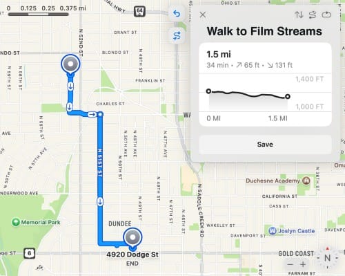 Map showing a route to a movie theater