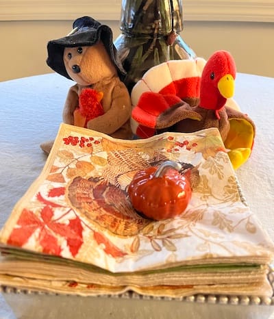 thanksgiving picture of pilgrim and turkey beanie baby behind some napkins