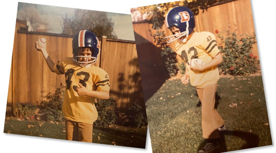 Little Greg Chambers Broncos Fan around five years old - 43 Frank Bernardi 1960 yellow jersey